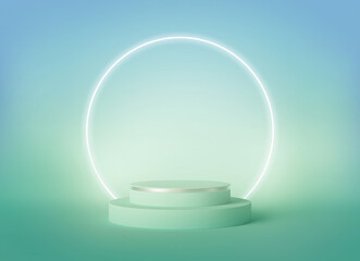 3d render. Minimal showcase with empty platform for product presentation and glowing round frame. Abstract mint blue green background