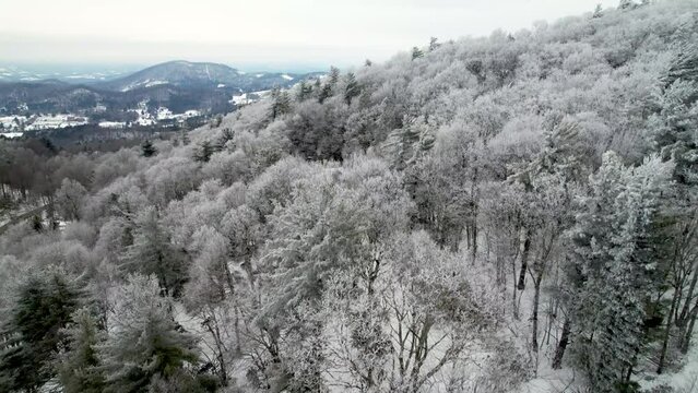 aerial tilt up to reveal mountains near boone nc with hard rime, rime ice and hoarfrost on trees