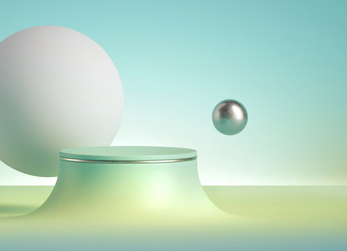 3d render, abstract minimal mint green background with empty podium and levitating balls, vacant pedestal, futuristic showcase stand for product presentation