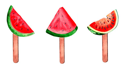 Watercolor red and green watermelon slices like lollipops on wooden sticks. Summer food. Fruit ice.