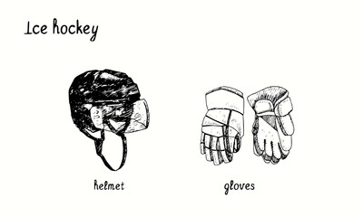 Ice hockey helmet and gloves. Ink black and white doodle drawing in woodcut style.