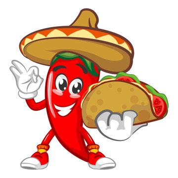 vector mascot character illustration of chili wearing a typical Mexican hat offering delicious taco