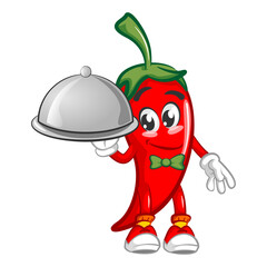vector mascot character illustration of chili as butler serving dish