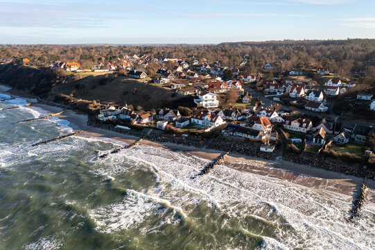 Tisvildeleje, Denmark - January 21, 2021: Aerial drone view of the village and the beach