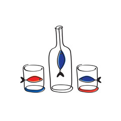 Bottle of wine and glasses with red and blue fishes. Hand drawn elements. Vector illustration.