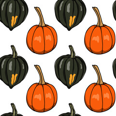 Vector seamless pattern with hand drawn Sugar and Acorn squashes. Ink drawing, beautiful food or Halloween design elements, perfect for prints and patterns