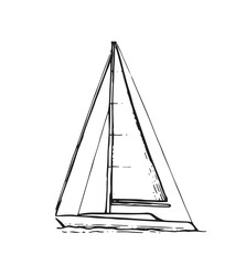 Sailing yacht floats on waves. Side view. Small ship for recreation and travel. Outline sketch. Hand drawing isolated on white background. Vector