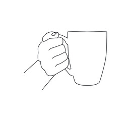the girl's hand is holding a mug. Side view. Linear style illustration