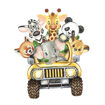 Safari animals in a jeep watercolor illustration. Children's print "Jungle Animals", safari wall art. 