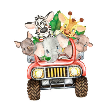 Safari animals in a jeep watercolor illustration. Children's print "Jungle Animals", safari wall art. 