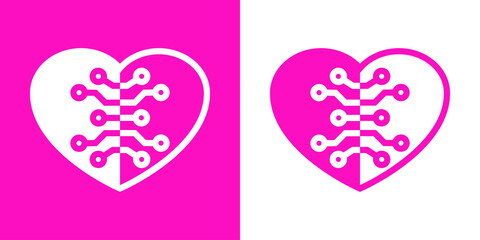 Logo digital love. Icono con silueta de corazón con líneas como circuito electrónico en fondo rosa y fondo blanco © teracreonte