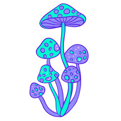 Magic mushrooms. Psychedelic hallucination. Vibrant vector illustration. 60s hippie colorful art in pink pastel goth colors isolated on white. Sticker, patch, poster graphic design.