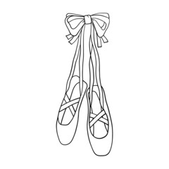 Ballerina pointe shoes hanging on bow. Outline black and white vector illustration isolated on white © Elena