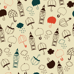 hand drawn London seamless vector pattern with Big Ben and umbrellas.. british doodle background for wallpaper, clothing print, textile, cover, print, scrapbooking