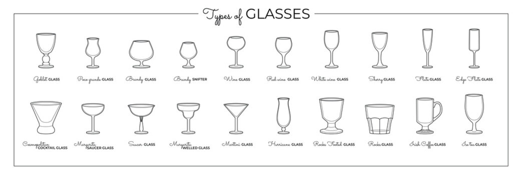 Vector line art set of alcohol glasses. Vector illustration