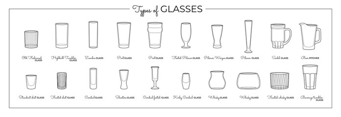 Vector line art set of alcohol glasses. Vector illustration