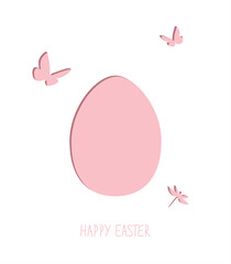 Easter greeting card with pink egg silhouette and butterflies. Vector template for laser cut.