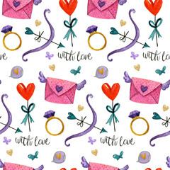 Watercolor pattern with letters, rings, bow and arrows, butterfly and hearts on white background.Hand painting seamless pattern for valentine day.