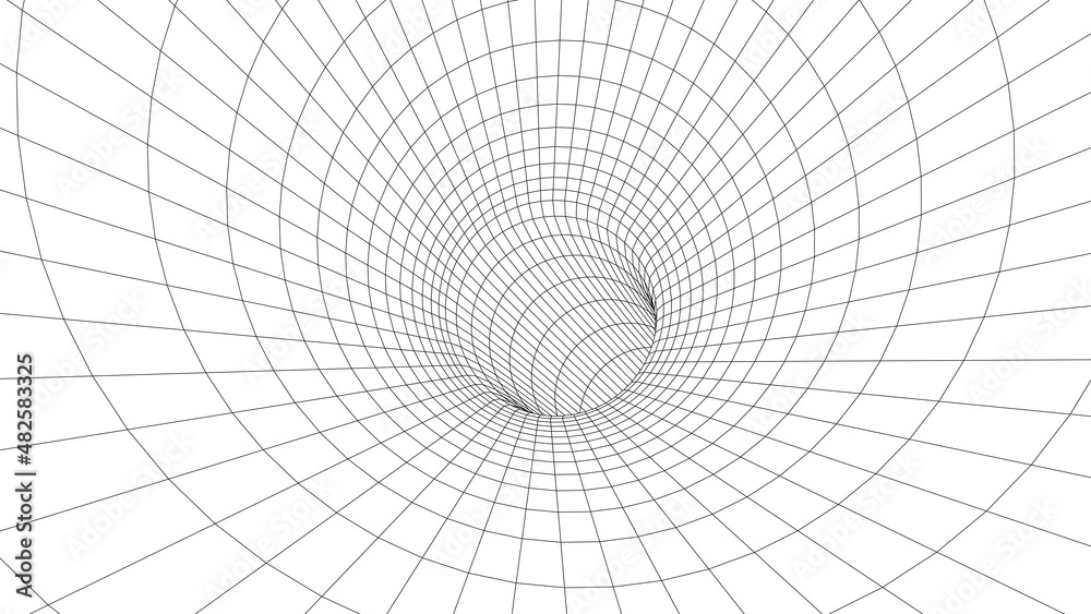 Poster curved wireframe abstract tunnel. 3d vector wormhole with a mesh structure. vortex. vector perspecti