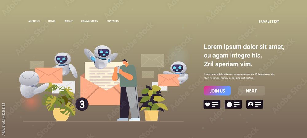 Poster businessman with chatbots sending or receiving letters on smartphone email inbox message notificatio