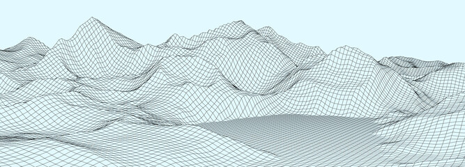 Vector wireframe 3d landscape. Technology grid illustration. Network of connected dots and lines. Futuristic background.