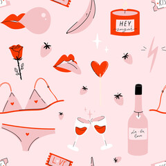 Cute doodle Valentine's day seamless pattern. Sweet design in red, pink colors. Lovely hand drawn cool elements - sexy lips, lingerie, candle, wineglasses, champagne, heart lollipop. Vector eps