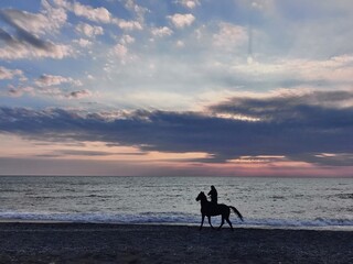 Stunning seascape. The rider on a horse at sunset on the beach. The person horse riding.