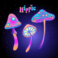 Naklejka na ściany i meble Magic mushrooms. Psychedelic hallucination. Vibrant vector illustration. 60s hippie colorful art in pink pastel goth colors isolated. Sticker, patch, poster graphic design.