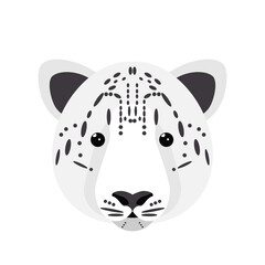 Snow leopard head. Cute wild animals, characters portrait isolated on white background.