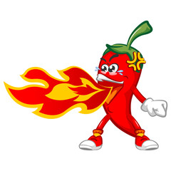 vector mascot character illustration of spicy chili spouting hot fire