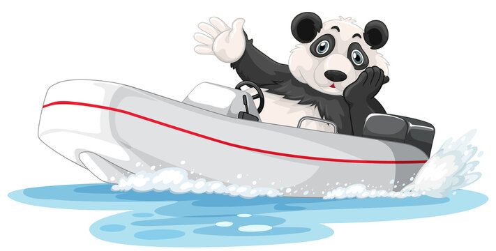 Panda on a motor boat in cartoon style