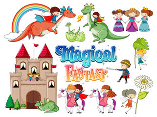 Set of dragons and fairy tale cartoon characters