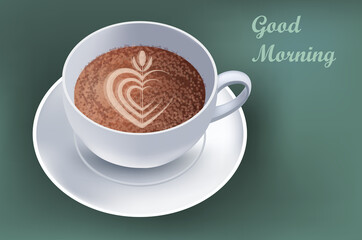 realistic coffee with heart sign hot americano drink good morning art concept horizontal