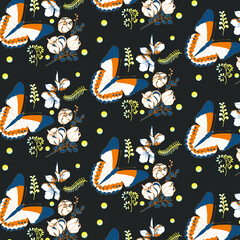 Seamless patterns with butterflies and flowers on the dark grey background 