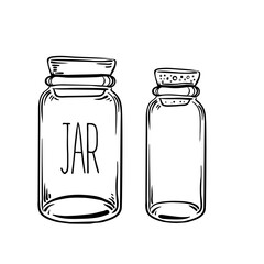 Glass Bottles. Vector illustration.Ink on aged card paper. Kitchen objects doodle style sketch, Black and white drawing isolated on white. Design for coloring book page for adults and kids.