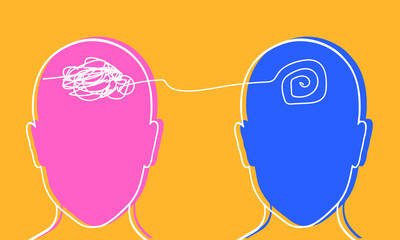 Two people head silhouette psychotherapy concept. Therapist and patient. Vector illustration for psychologist blog or social media post.