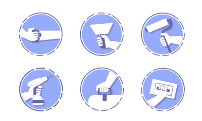 Vector illustration icons of construction and repair works, construction and reconstruction. Hands with construction tools in very peri color