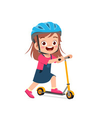 cute little girl riding scooter and wear helmet