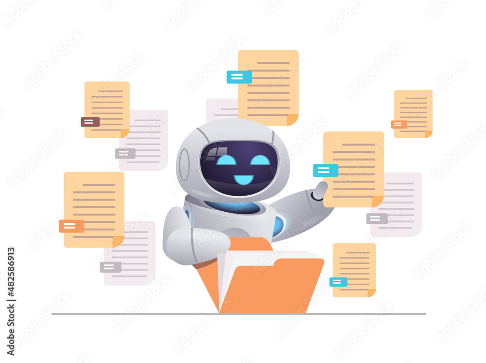 Poster robot sorting documents robotic character organizing folder file management paperwork data archive a