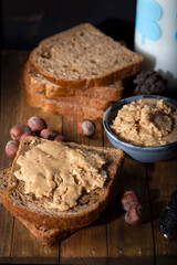 Hazelnut buttercream on the slice of bread.