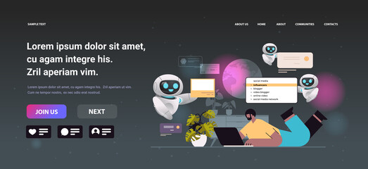 man with robots helpers choosing influencers in search bar on laptop screen social media influencer artificial intelligence