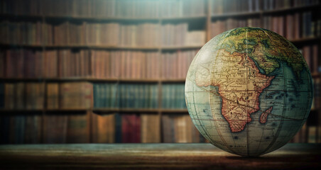 An old globe with Africa on the table against the background of bookcases. Concept on the topic of history, science, culture, education. - obrazy, fototapety, plakaty