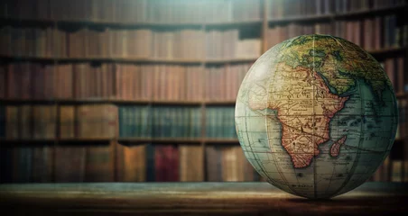  An old globe with Africa on the table against the background of bookcases. Concept on the topic of history, science, culture, education. © Tryfonov
