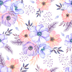 Anemones seamless pattern. Very peri color 2022 trend. Spring flowers pattern on white background