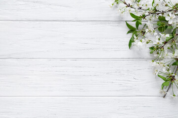 Spring background with blossom cherry flowers on wood table with copy space. Easter banner, flat lay