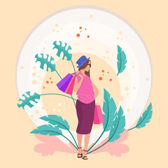 Vector graphic illustration of a woman with a collection of shopping bags in hand. shopping flat design