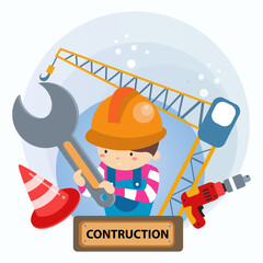 Vector graphic illustration of the builder, builder equipment, construction