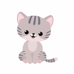 Cute gray kawaii cat sitting isolated on white background. Cartoon flat style. Vector illustration