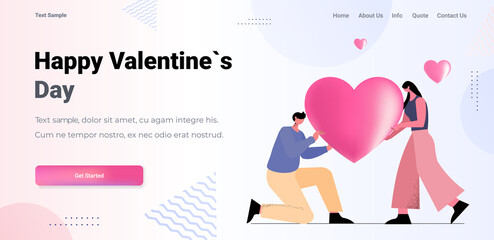 loving couple holding pink heart man woman in love celebrating happy valentines day horizontal