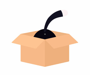 Funny black cat sits in box on white background. Cartoon flat style. Vector illustration